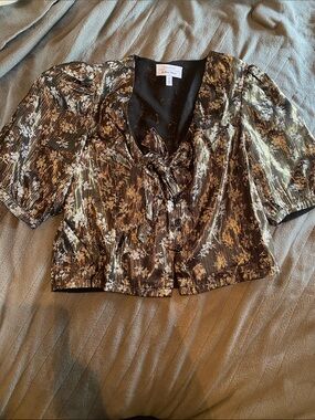 Paris Atelier Black Metallic Floral Tie-Neck Puff Sleeve Blouse